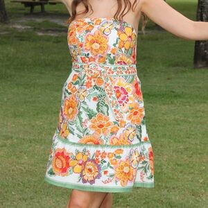 T.J.Maxx White Strapless Floral Sundress with Orange, Yellow and Green